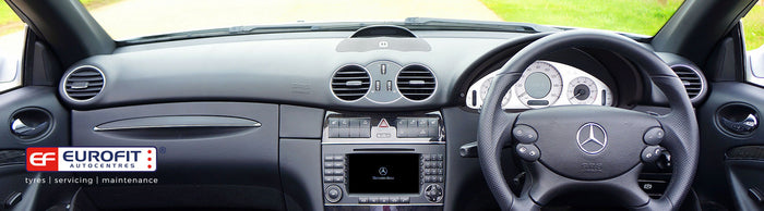 Inside car dashboard and steering wheel 