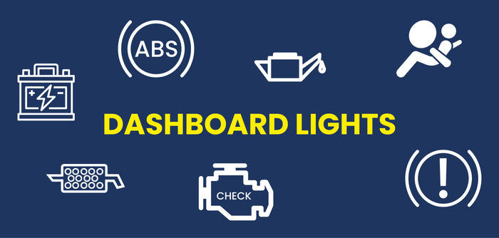 Dashboard lights text with blue background and various icons in white 