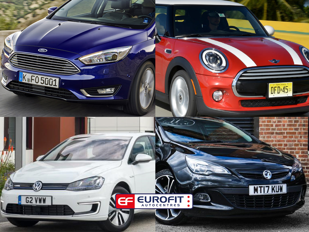 Collage of 4 cars in blue, red, white and black