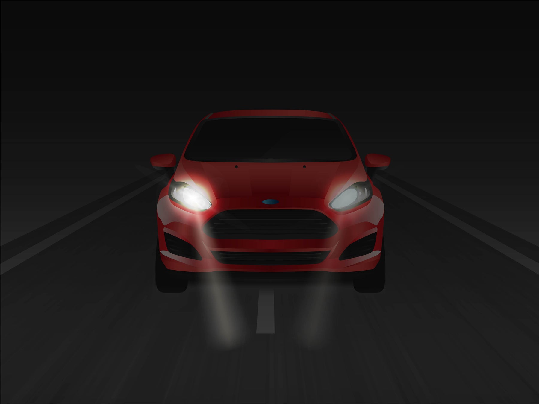 Red car driving on road at night, with headlights on 