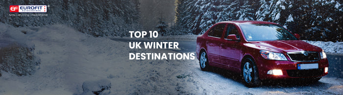 Red car on snow ground with snow filled trees, and text about winter destinations 