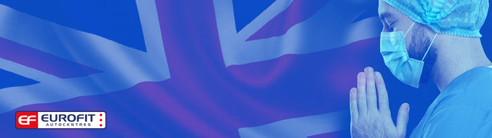 UK flag with nurse in mask doing praying hands next to it and Eurofit logo